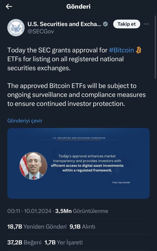 SEC Bitcoin ETF onayı resmi X hesabı duyurusu.