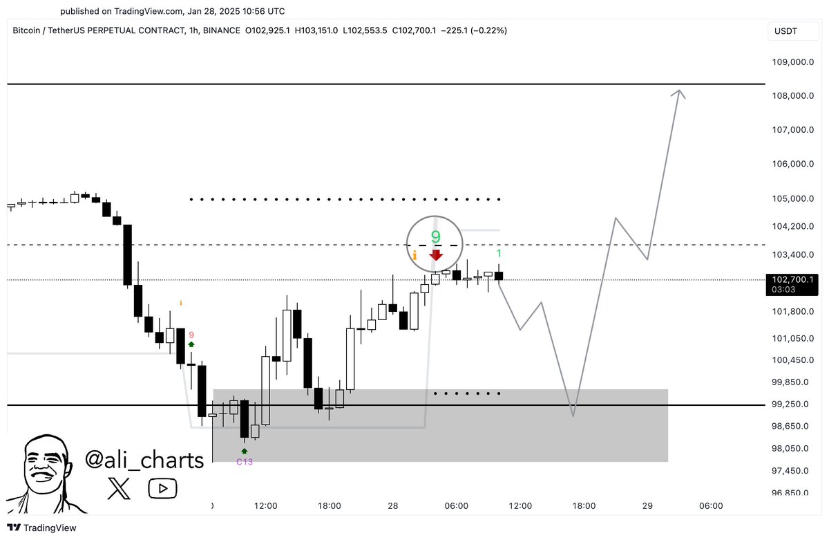 Bitcoin ve altın, Fed’in FOMC kararı öncesi dalgalı bir fiyattan işlem görüyor 2 Ali Martinez'in Bitcoin fiyatına ilişkin paylaştığı grafik