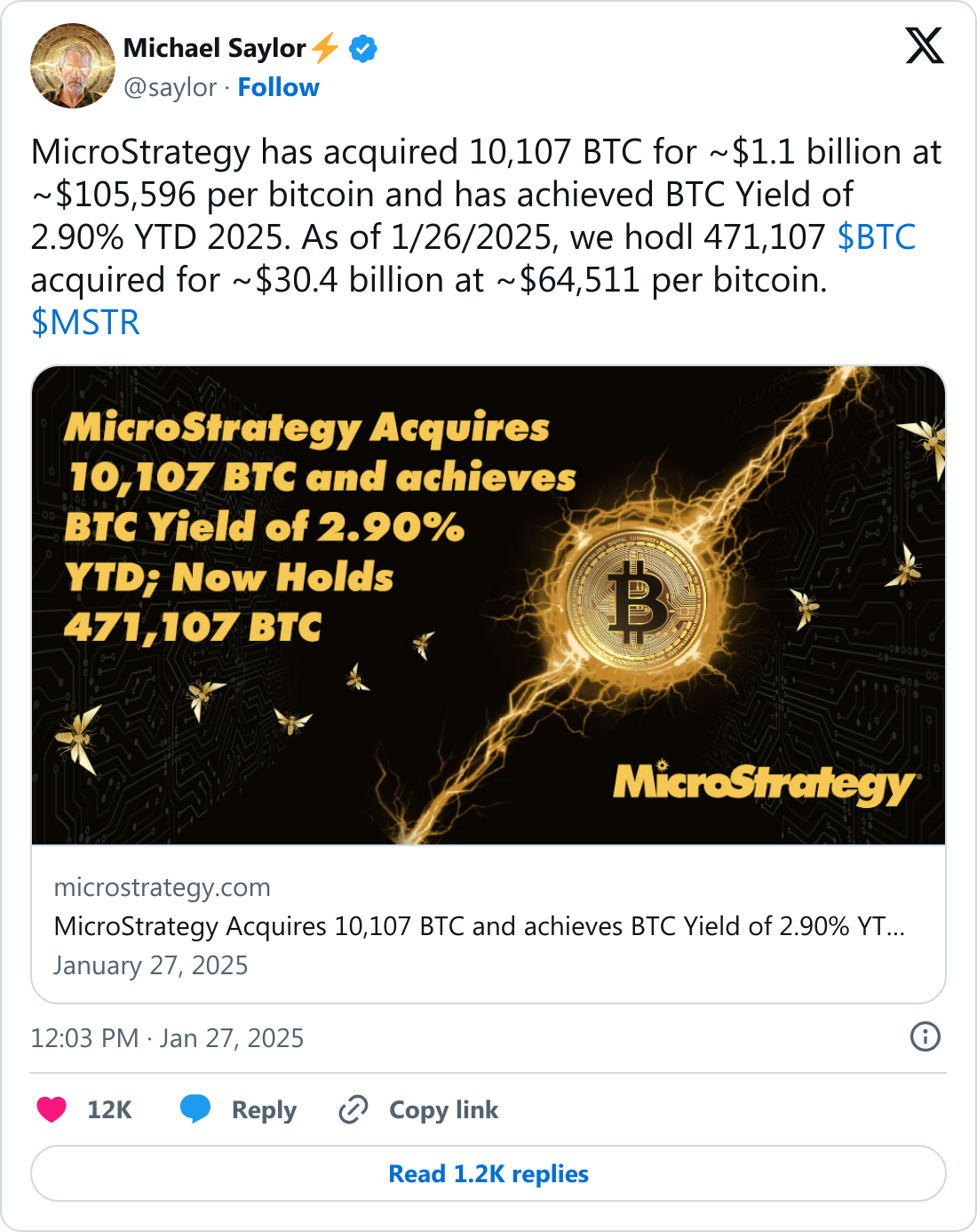 MicroStrategy 1,1 milyar dolar harcayarak 10.107 Bitcoin satın aldığını duyurdu 1 Michael Saylor tarafından açıklanan Bitcoin satın alımı paylaşımı