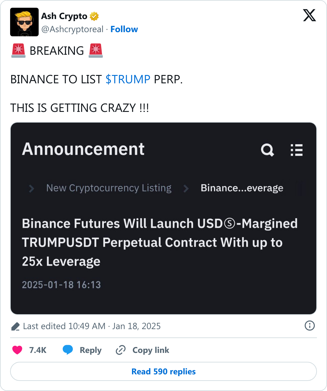 Binance, TRUMP token için vadeli işlem sözleşmesini duyurdu 1 Ash Crypto'nun (@Ashcryptoreal) tweeti