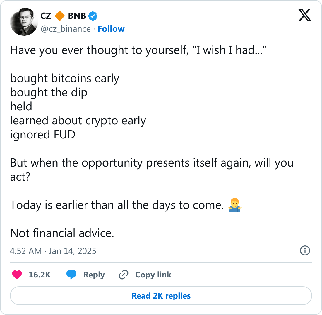 Bitcoin almak için doğru zaman mı? Binance kurucusu piyasayı yorumladı 1 Changpeng Zhao'nun Bitcoin fiyatına dair tweeti