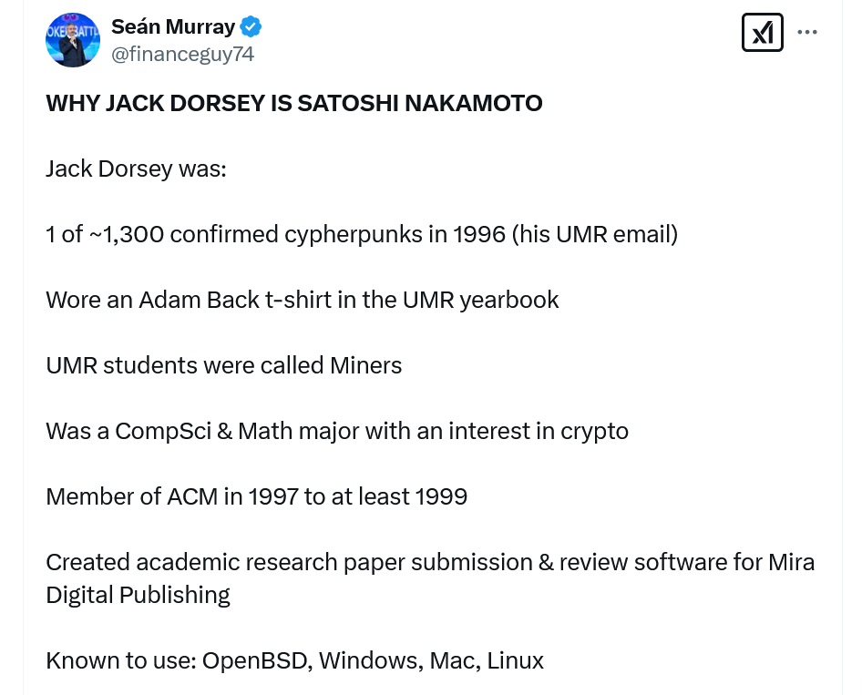 Seán Murray'in Satoshi Nakamoto iddialarını tartıştığı tweet'i.