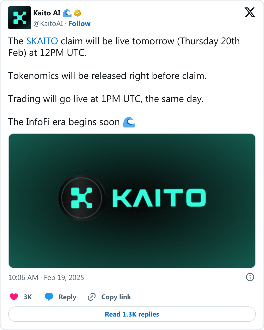 Binance'te ve OKX'te listelenecek: Kaito AI lansmanı ve airdrop tarihi 20 Şubat 2025 1 Kaito AI ekibi tarafından paylaşılan lansman tarihi 20 Şubat 2025.