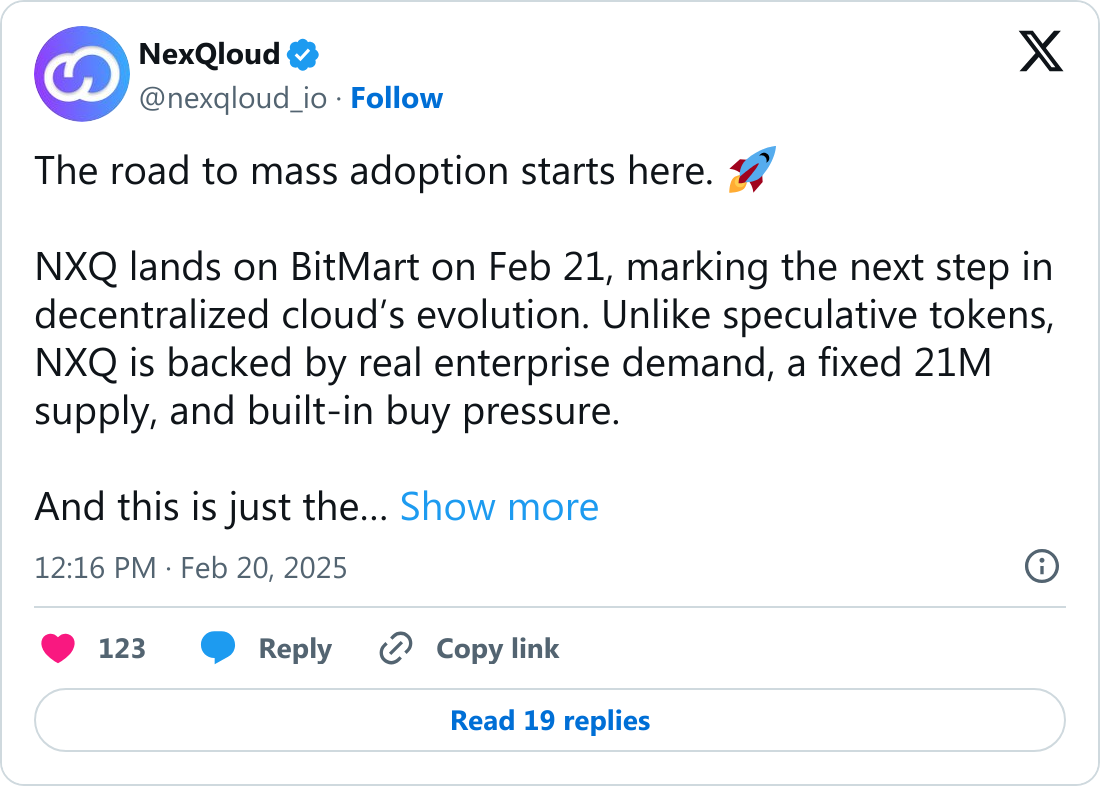 NXQ Token BitMart'ta listelendi: NexQloud merkezi olmayan bulut teknolojisi 1 NexQloud tarafından paylaşılan BitMart listeleme duyurusu.