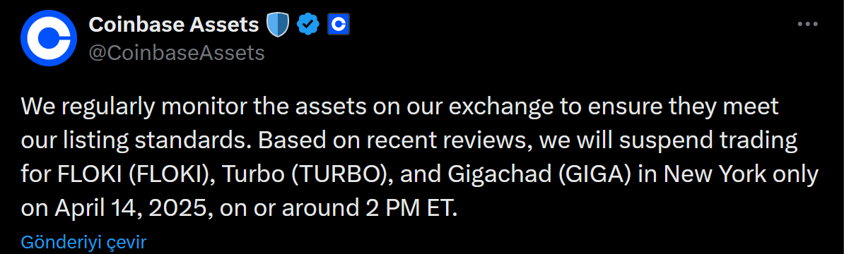 Coinbase'in FLOKI, Turbo, Gigachad'ı askıya almasıyla ilgili paylaşımı 