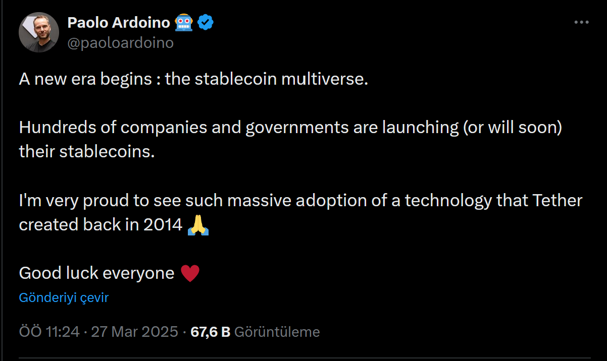 Tether CEO'su Paolo Ardoino: Yüzlerce şirket kendi stabilcoin'ini çıkarıyor 1 Paolo Ardoino'nun stabilcoin paylaşımı