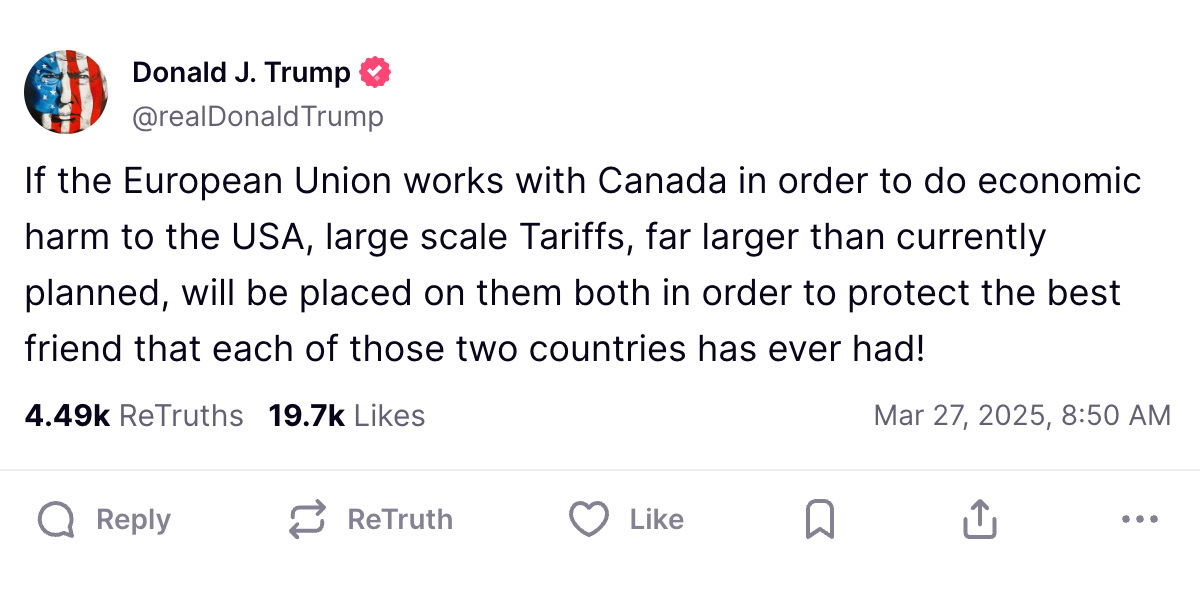 Trump’tan AB ve Kanada’ya gümrük tehdidi: Piyasalar sakin kaldı 1 Donald Trump'ın AB ve Kanada'ya yönelik tarife tehdidi.