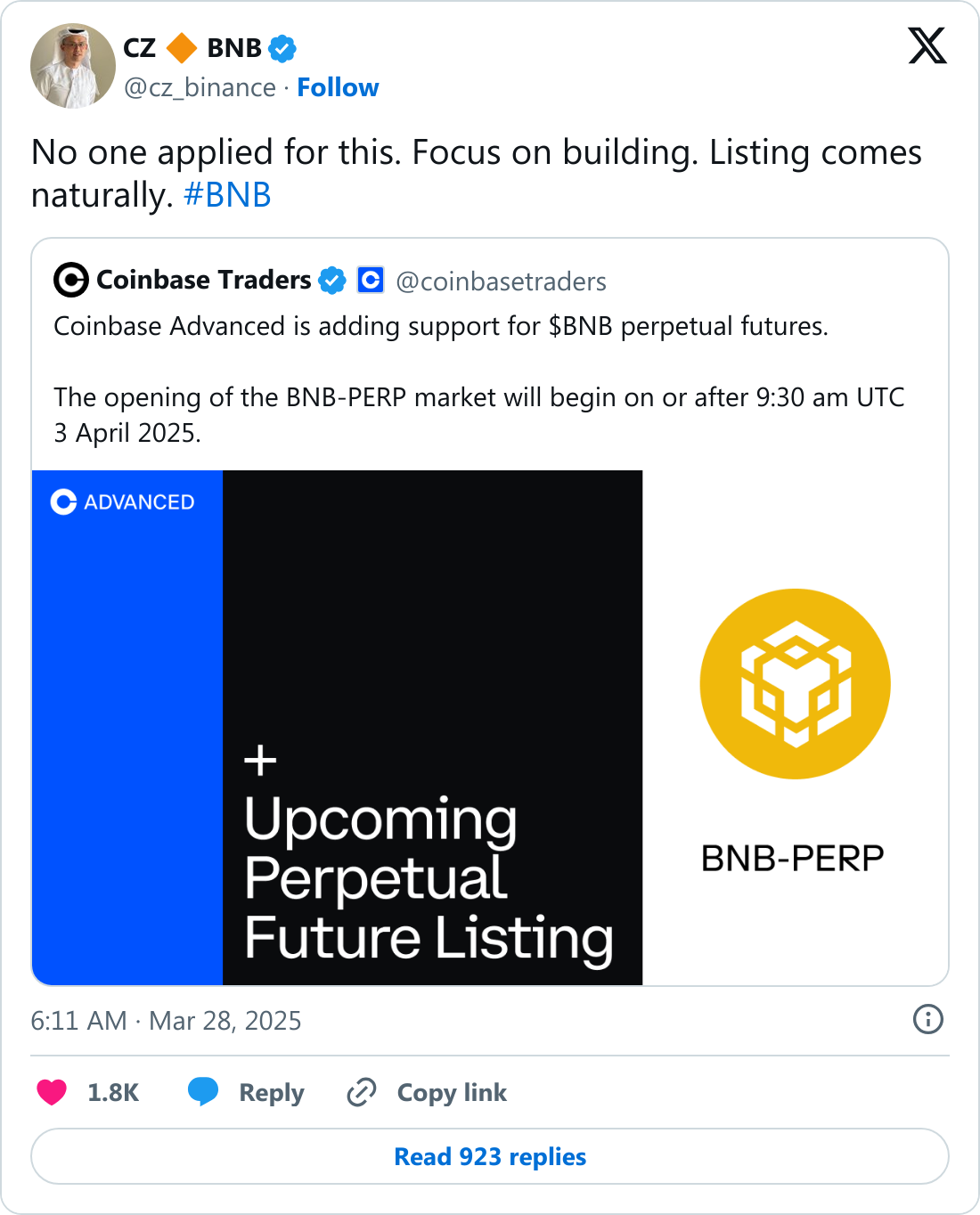 Coinbase, BNB sürekli vadeli işlemlerini (PERP) listeleyecek 2 Binance kurucusu Changpeng Zhao'nun BNB-PERP açıklamaları.
