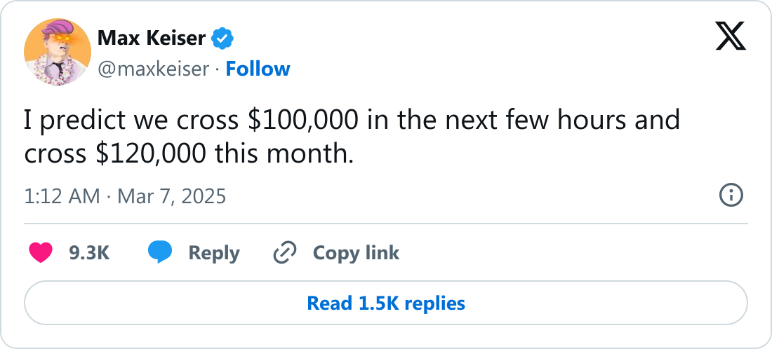 Max Keiser'den iddialı Bitcoin tahmini: 100.000 dolar ihtimali hala var 1 Max Keiser tarafından paylaşılan Bitcoin fiyat tahmini.