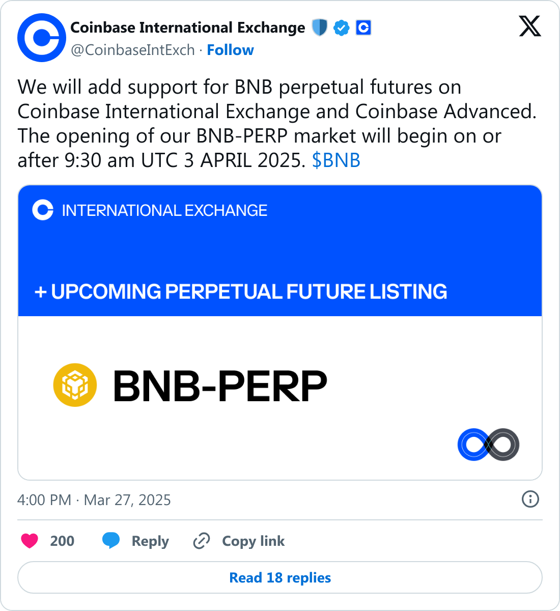 Coinbase, BNB sürekli vadeli işlemlerini (PERP) listeleyecek 1 Coinbase tarafından yapılan BNB-PERP duyurusu.