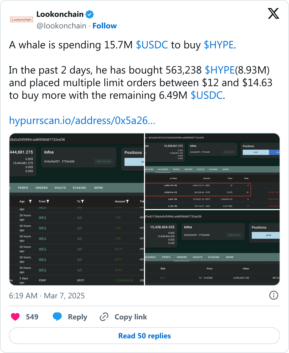 Kripto balinasının 15 milyon dolarlık HYPE alımı nasıl etki yarattı? 1 Lookonchain tarafından paylaşılan HYPE alım tweeti.