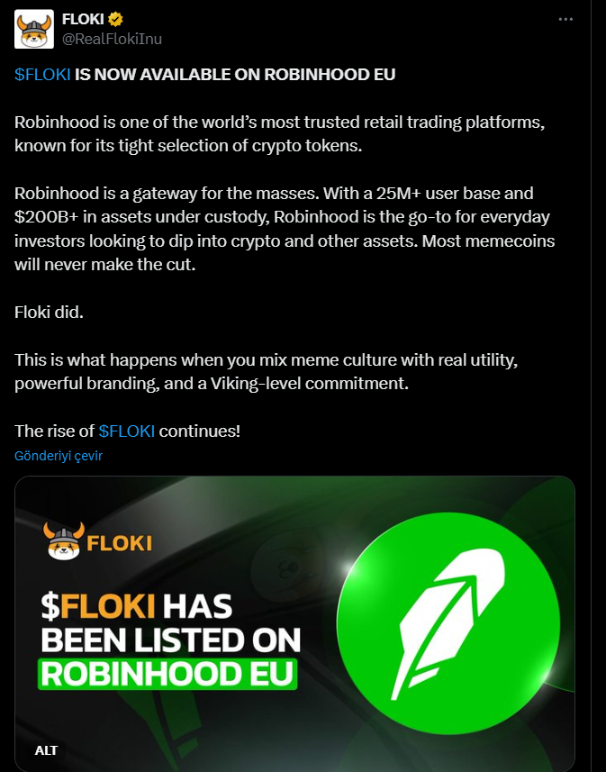 Floki tarafından paylaşılan Robinhood listeleme haberi.