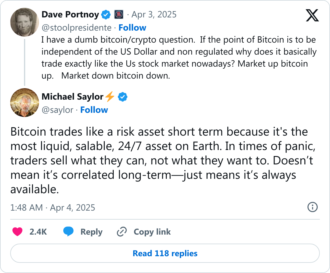 Michael Saylor Bitcoin fiyatındaki düşüşleri yorumladı: Uzun vade beklentisi ne durumda? 1 Michael Saylor tarafından yanıtlanan Bitcoin tweeti.
