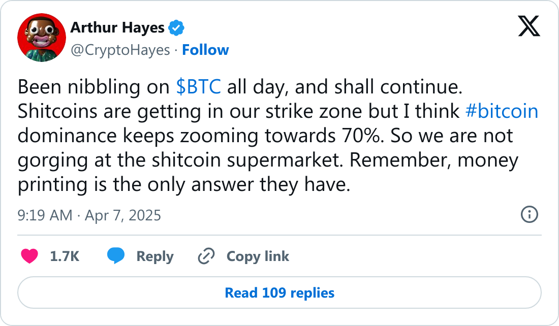 Arthur Hayes kripto tarafını belli etti: Saçma altcoin'lere bakmayın bile 1 Arthur Hayes tarafından paylaşılan tweet.
