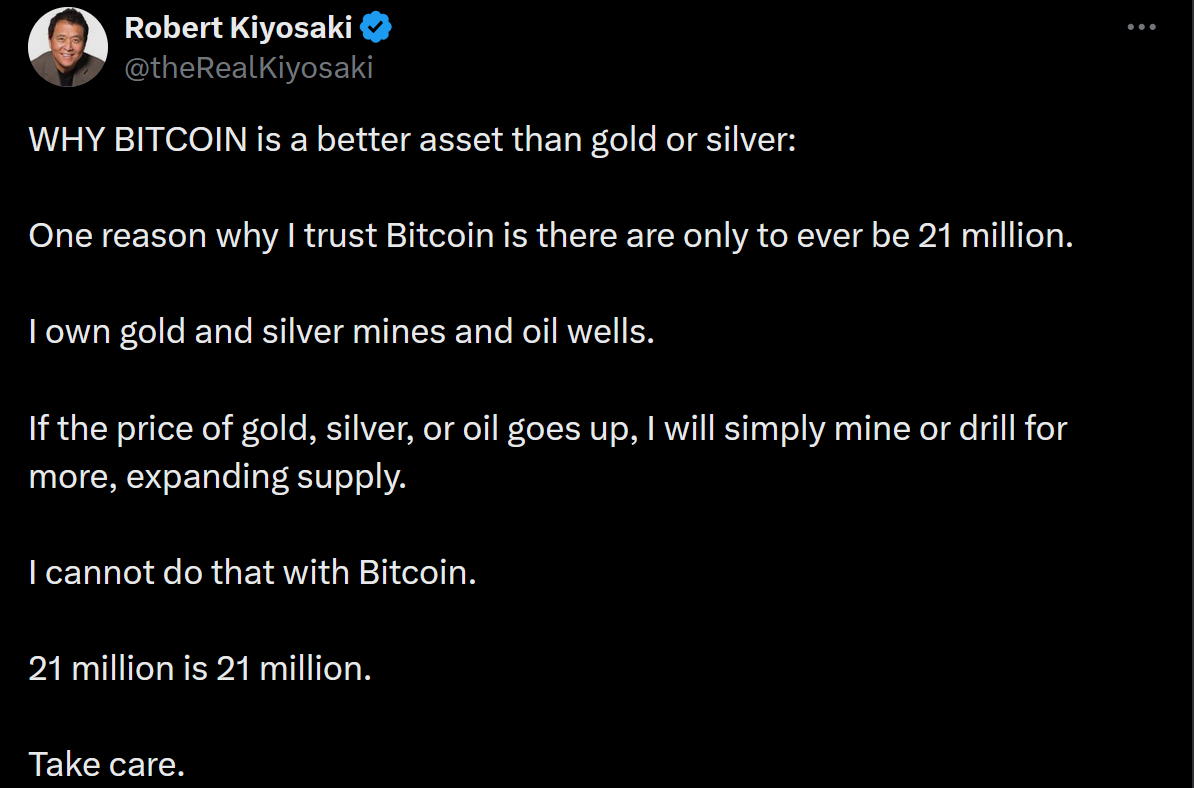 Robert Kiyosaki'den Bitcoin yorumu: "21 milyonluk sınır Bitcoin'i güçlü kılıyor” 1 Robert Kiyosaki'nin Bitcoin paylaşımı