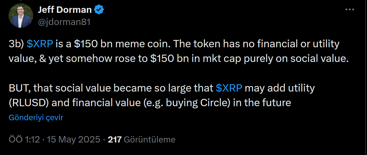 Jeff Dorman: “XRP’nin 150 milyar dolarlık değeri sadece sosyal güçten kaynaklanıyor” 1 Jeff Dorman'ın XRP paylaşımı