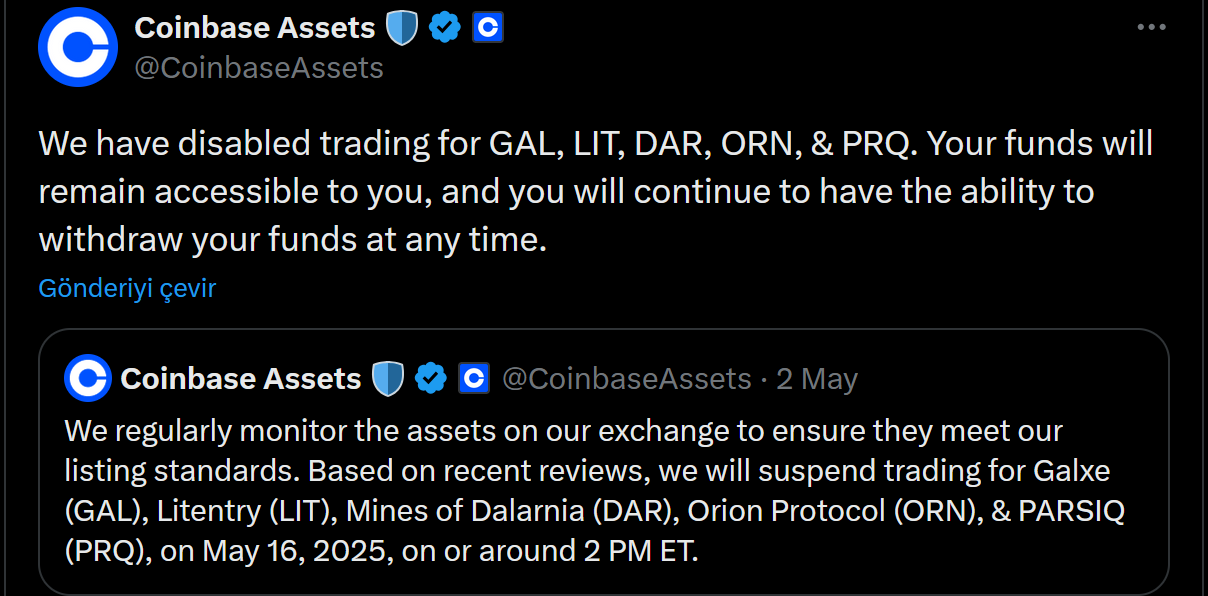 Coinbase'ten 5 altcoin için delist kararı: Tarih belli oldu 1 Coinbase'in delist kararı paylaşımı