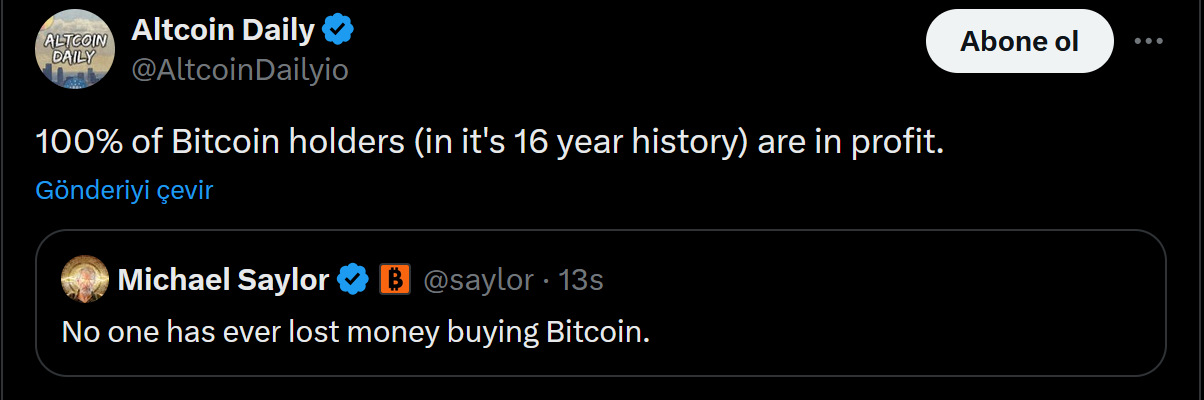 Michael Saylor’dan Bitcoin yorumu: "Bitcoin alan hiç kimse para kaybetmedi" 1 Altcoin Daily'nin Bitcoin yükselişiyle ilgili paylaşımı