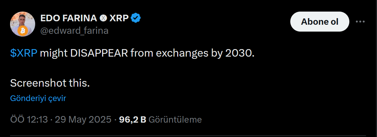 Analist Edward Farina: "XRP 2030 yılına kadar borsalardan kaybolabilir" 2 Edward Farina'nın XRP paylaşımı