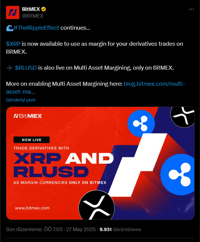 BitMEX, XRP ve RLUSD için yeni ticaret seçenekleri sunduğunu açıkladı 2 BitMEX tarafından paylaşılan XRP ve RLUSD duyurusu.