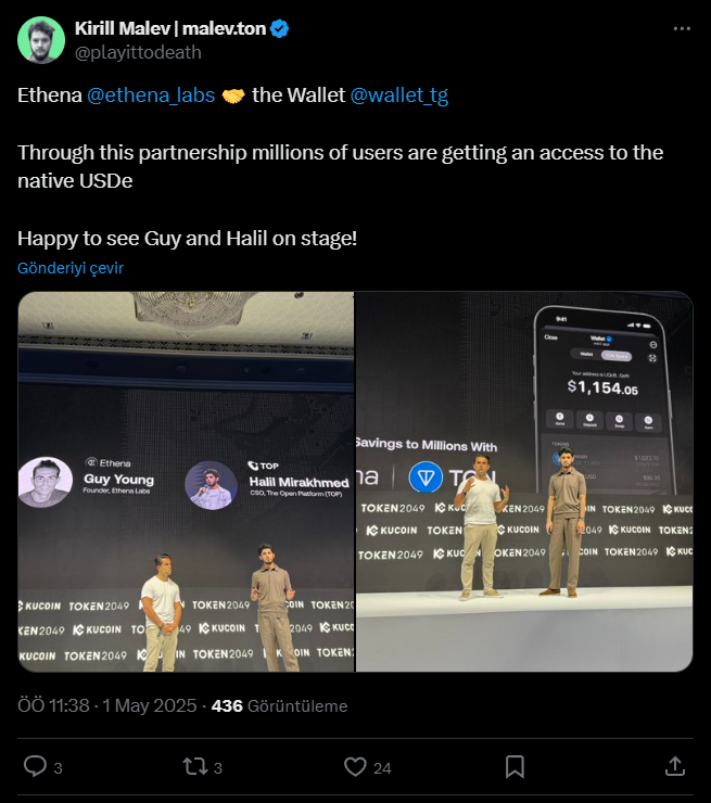 Ethena ile Telegram'dan ortaklık duyurusu: USDe TON blockchain'de çalışacak 1 Kirill Malev tarafından paylaşılan Ethena USDe ve Telegram ortaklık tweeti.