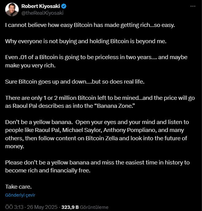 Robert Kiyosaki tarafından yapılan Bitcoin paylaşımı.