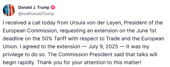 Trump, AB'ye uygulanacak vergileri erteledi: Bitcoin yeniden yükselişe geçti 2 Donald Trump'ın Truth Social hesabında yaptığı paylaşım.