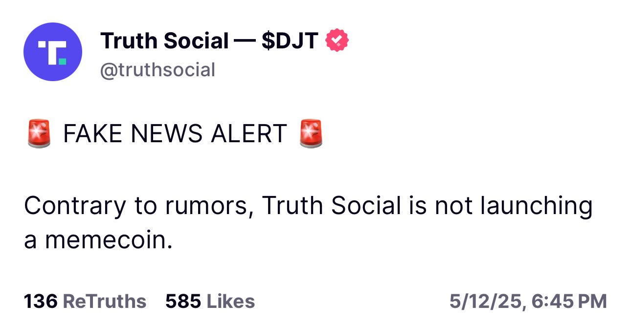 Trump'la bağlantılı yeni meme coin için yalanlama: Truth Social ismine dikkat edin 1 Truth Social üzerinden yapılan yalanlama.