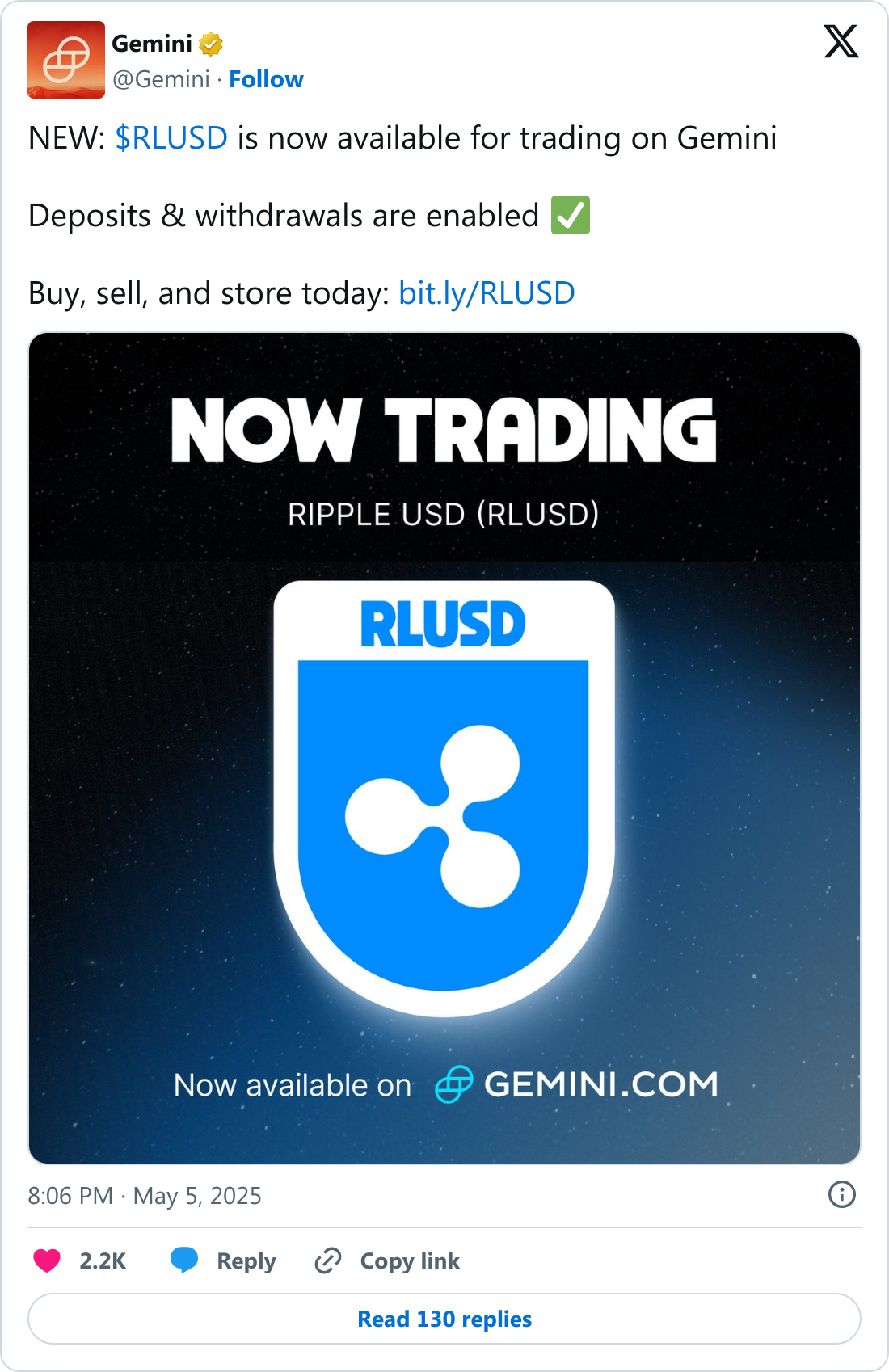 Gemini, Ripple'ın stabilcoin'i RLUSD'yi listelediğini duyurdu 1 Gemini tarafından duyurulan RLUSD listelemesi.
