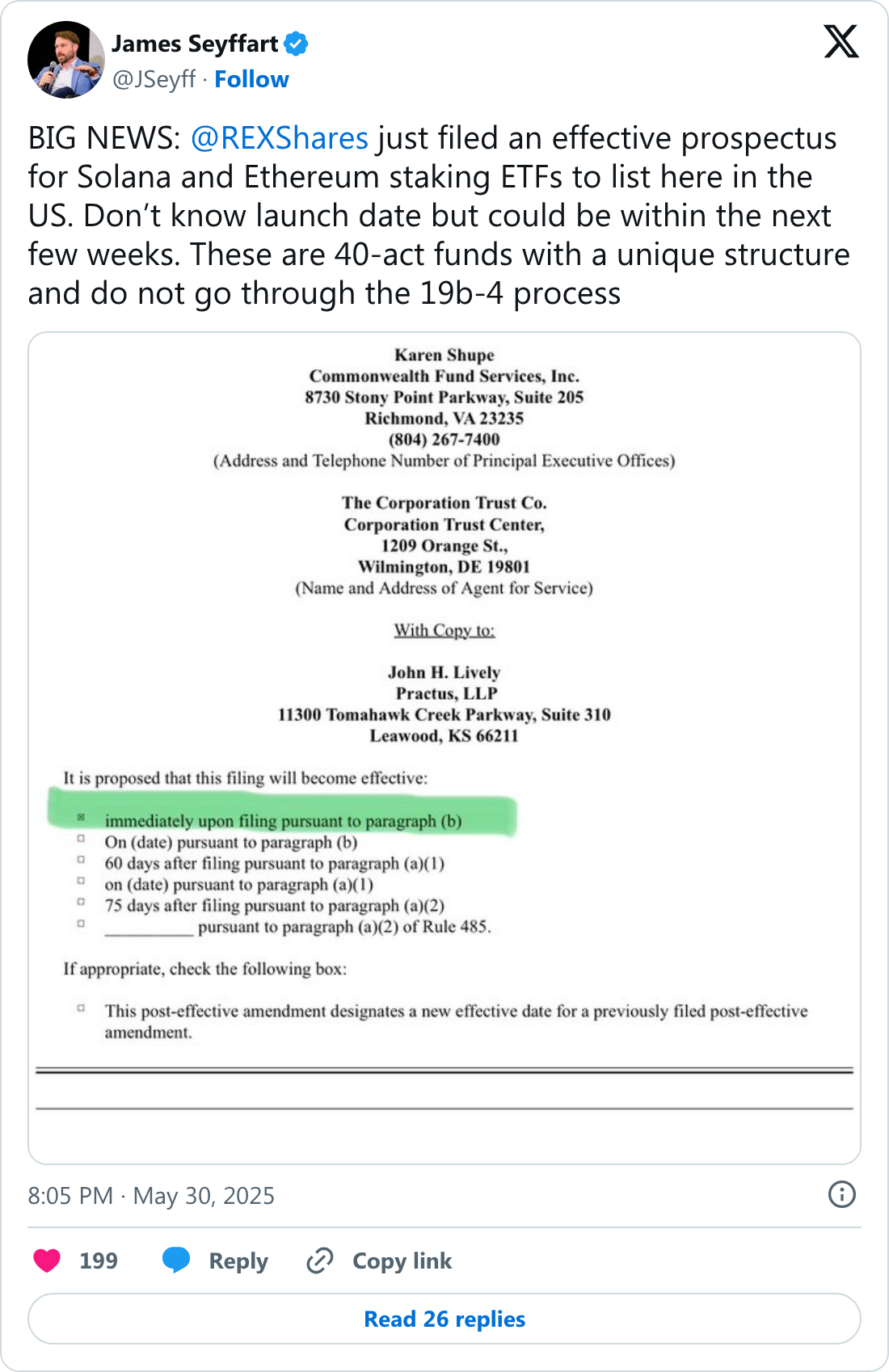 REX Shares’tan ABD’de bir ilk: Ethereum ve Solana staking ETF’leri için ilginç yöntem 2 James Seyffart tarafından paylaşılan Solana ve Ethereum ETF tweeti.