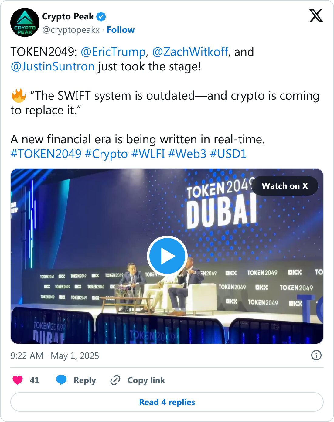 Eric Trump, USD1 stabilcoin için konuştu: İki milyar dolarlık anlaşmanın bir parçası olacak 1 Eric Trump'ın USD1 açıklaması, TOKEN2049 konferansı, Abu Dabi.