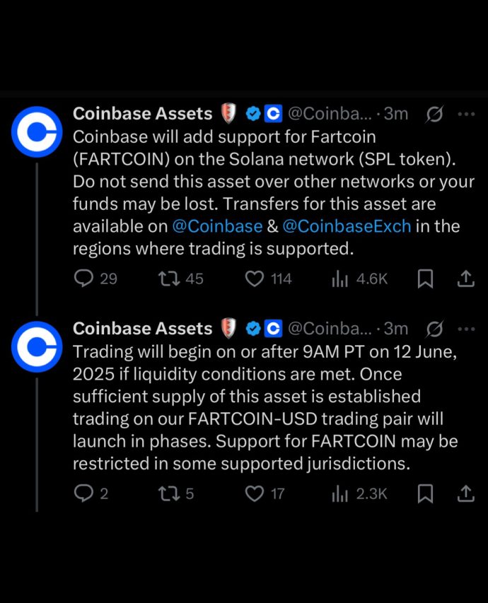 Coinbase Fartcoin’i listeleyeceğini duyurdu! Fiyat tepki verdi 2 Coinbase duyurusu