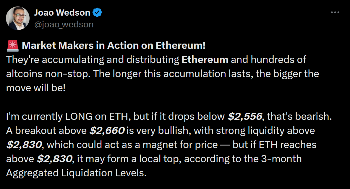 Ethereum fiyatında kırılma yaklaşıyor: 2.830 dolar potansiyel zirve mi? 2 Joao Wedson'ın Ethereum paylaşımı
