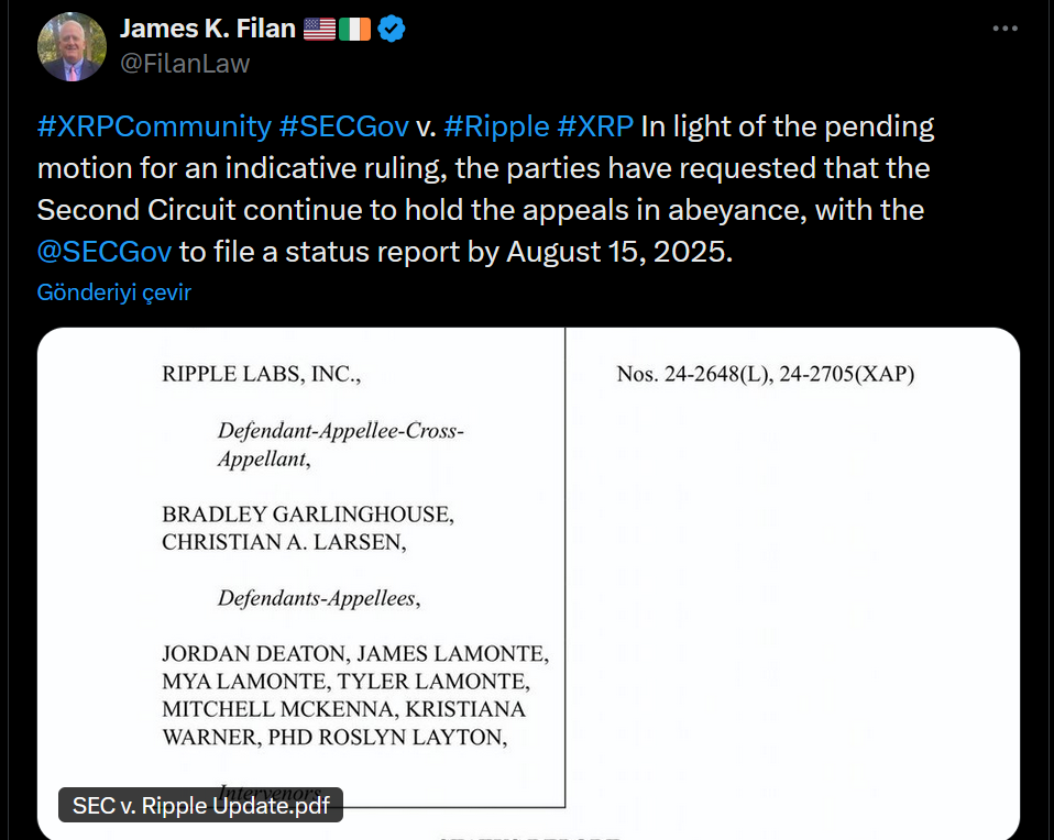 James K. Filan'in Ripple ve SEC davasıyla ilgili paylaşımı