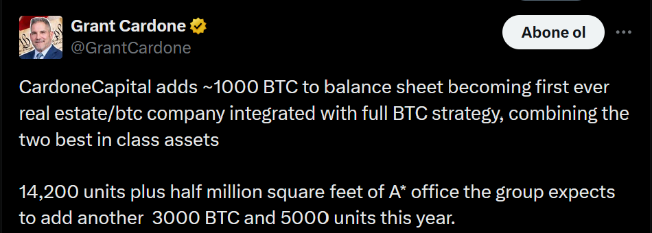 1.000 Bitcoin’lik yatırım: Cardone Capital kriptoya adım attı 2 Cardone Capital'in Bitcoin paylaşımı