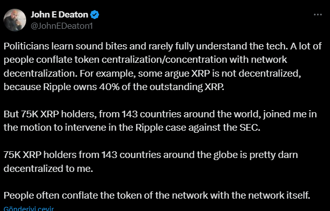 XRP merkeziyetsiz mi? Tartışmalara Avukat John Deaton da katıldı 2 John Deaton tarafından paylaşılan XRP tweeti.