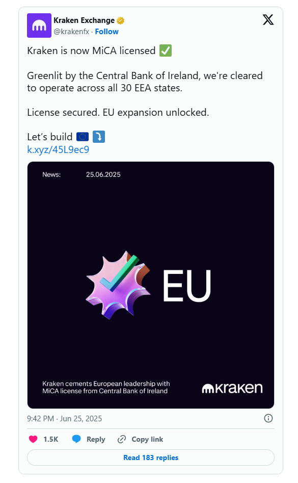 Kraken tarafından yapılan MiCA duyurusu.