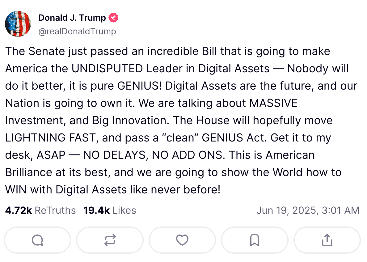 Trump’tan kripto paralar için paylaşım: “Karar hemen masama gelmeli” 2 ABD Başkanı Donald Trump tarafından yapılan Genius ACT paylaşımı.