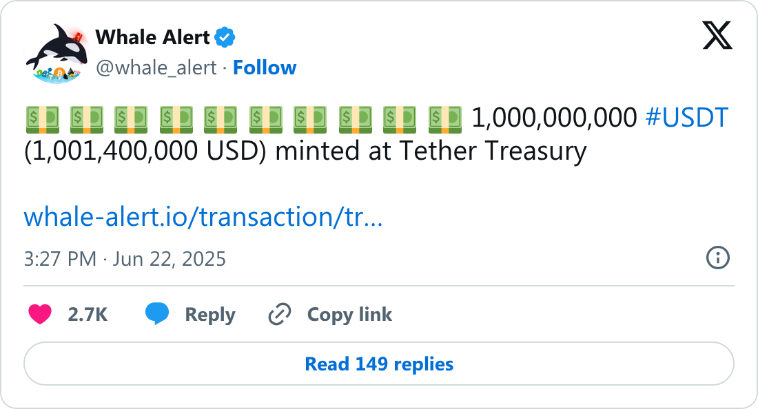 Tether tarafından basılan 1 milyar USDT