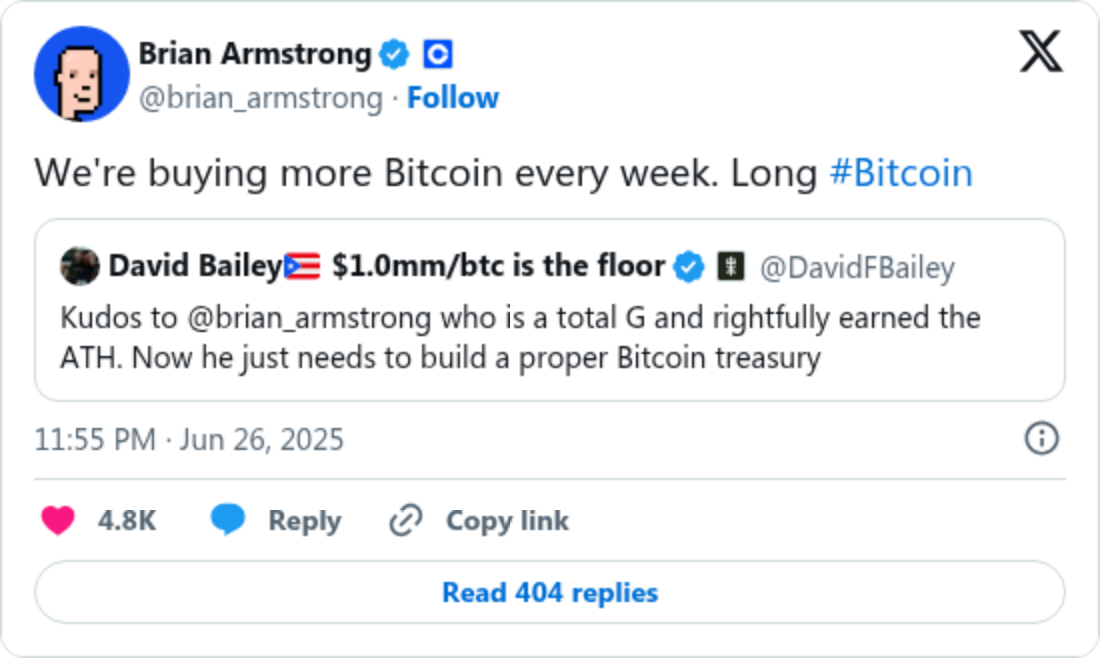 Coinbase CEO'su Bitcoin yatırımlarına ilişkin konuştu 2 Brian Armstrong'un Bitcoin tweeti.