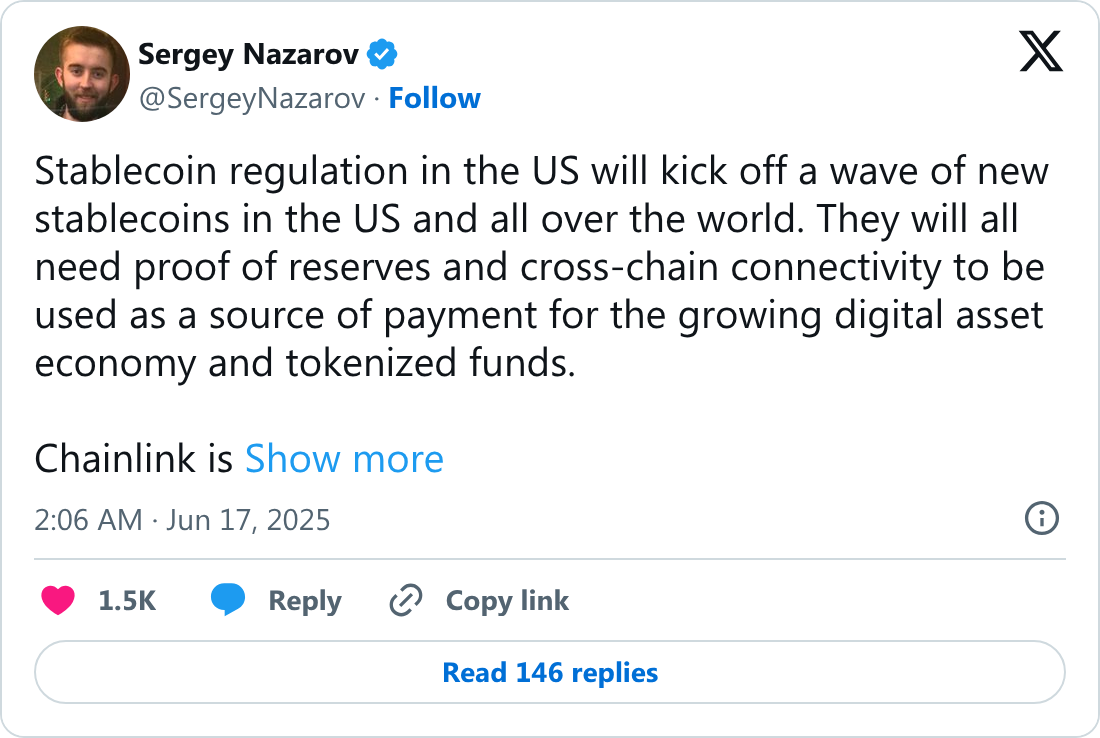 Sergey Nazarov: Stablecoin düzenlemeleri Chainlink için yeni bir dalga başlatabilir 2 Chainlink kurucusu Sergey Nazarov'un paylaşımı.