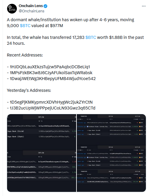 Uzun süredir uykuda olan Bitcoin balinası uyandı: milyar dolarlık transfer 2 Bitcoin balinasının hareketi