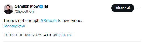 Samson Mow uyardı: herkese yetecek kadar Bitcoin yok 2 Samson Mow'un X'teki açıklaması