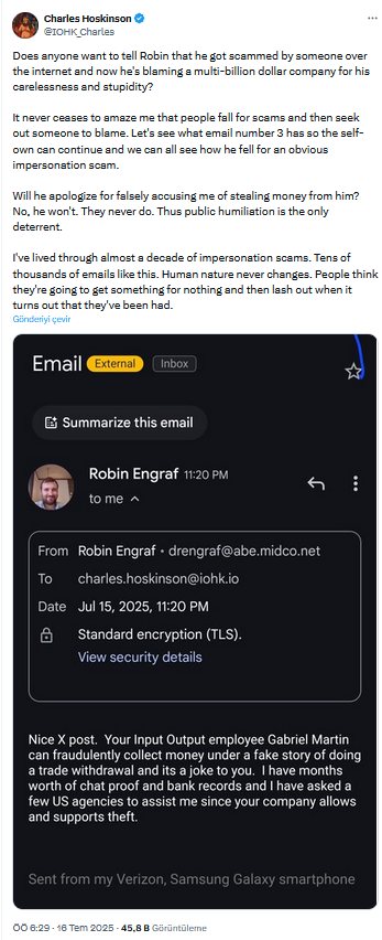 Cardano kurucusu Charles Hoskinson’dan sert scam cevabı: hatalarınız için başkalarını suçlamayın 2 Cardano Kurucusu Charles Hoskinson'un X'teki Cevabı