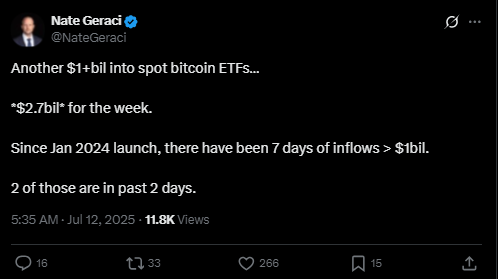 Spot Bitcoin ETF’lerde tarihi rekor 2 Nate Geraci'nin X'teki paylaşımı