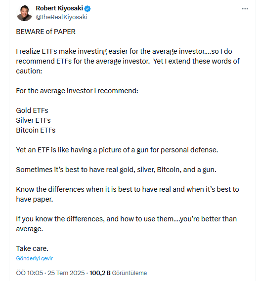 Robert Kiyosaki’den kripto para ETF’lerine sert uyarı 2 Robert Kiyoasaki'nin X'teki açıklaması