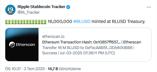 Piyasada taşlar oynuyor: Ripple’ın RLUSD’si için bir ilk gerçekleşti 2 16 milyon rlusd basımı