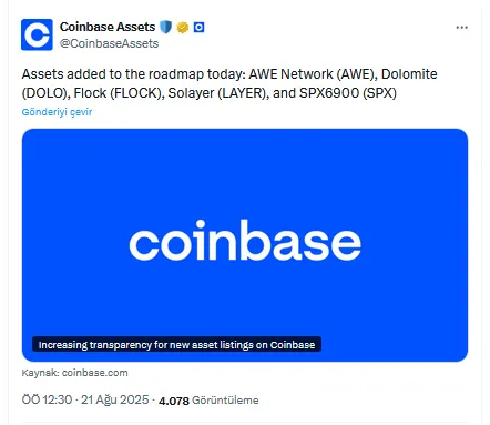 Coinbase'in X'teki Paylaşımı