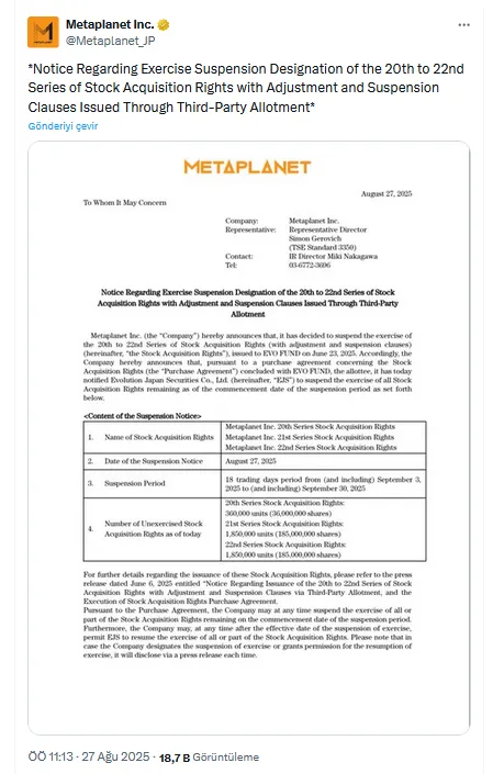 Metaplanet’ten dev Bitcoin hamlesi: 881 milyon dolarlık alım planı açıklandı 2 Metaplanet Bitcoin Alımı Duyurusu