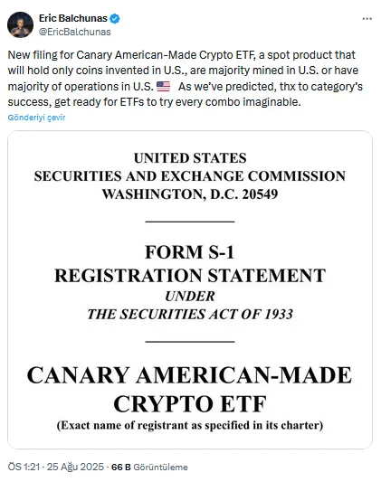 Canary’den Amerikan coin’lerine yönelik hamle: ETF ayrıntısı 2 Eric Balchunas'ın X'teki Paylaşımı